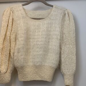 Hand knitted Cream Puff-Sleeve Cable Knit Sweater - Unbranded